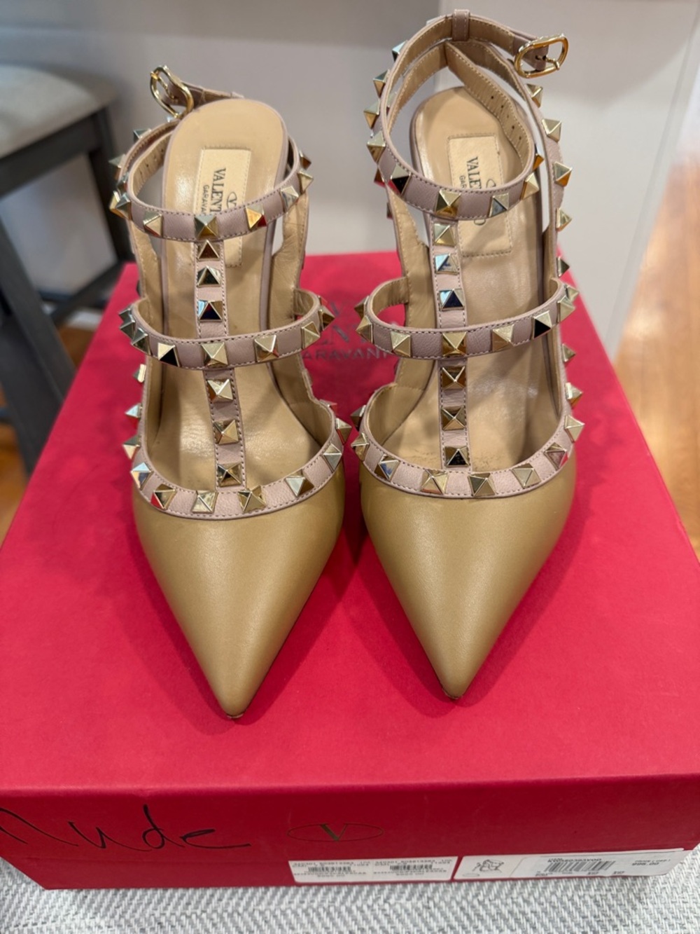 Valentino Studded T-Strap Pointed Pumps in Beige and Gold